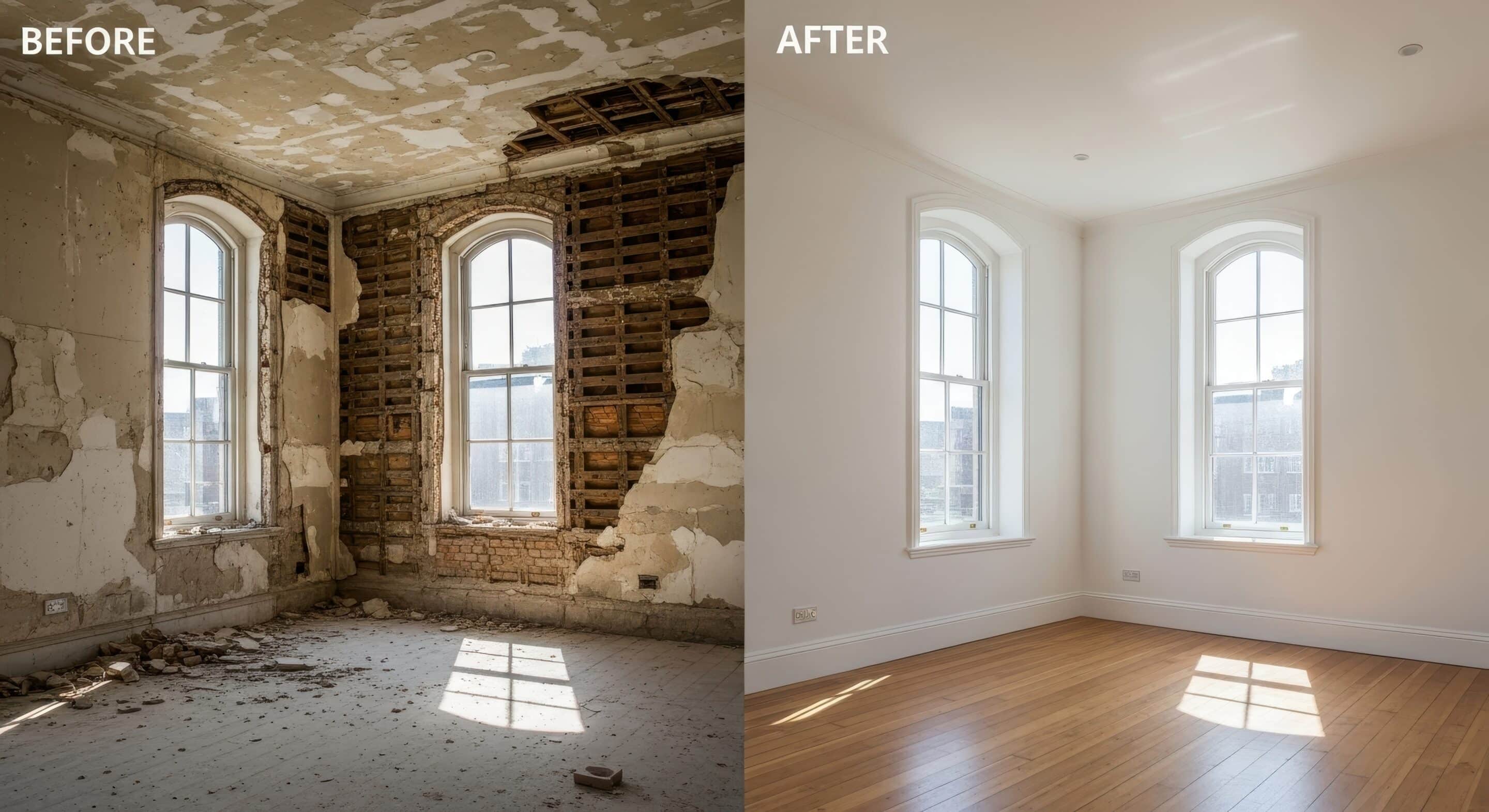 Before and after renovation: left shows a dilapidated room with peeling plaster and exposed brick; right shows a bright, finished space with white walls and new flooring.