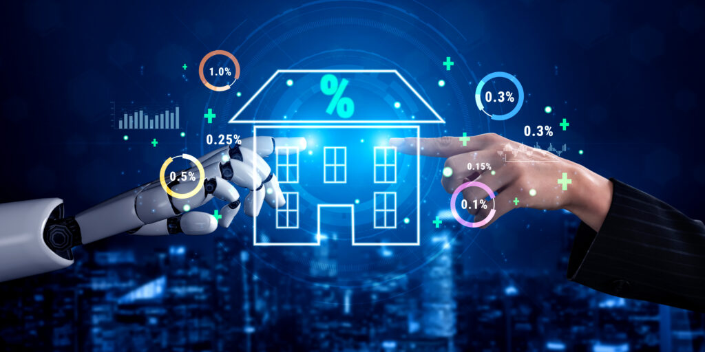 Human and robotic hands frame a glowing holographic house diagram with floating data percentages, symbolizing smart home technology.
