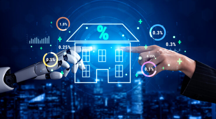 Human and robotic hands frame a glowing holographic house diagram with floating data percentages, symbolizing smart home technology.