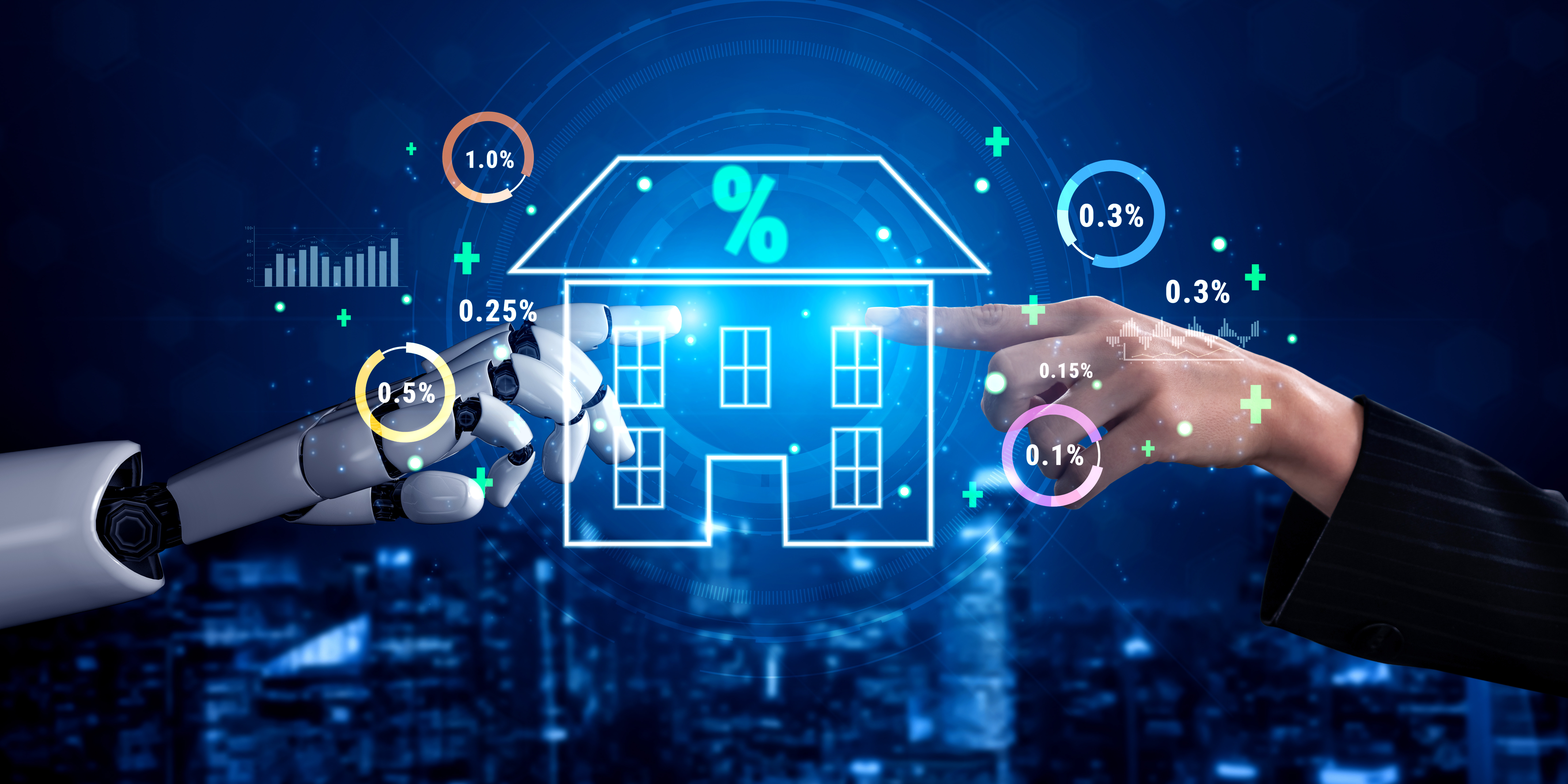 Human and robotic hands frame a glowing holographic house diagram with floating data percentages, symbolizing smart home technology.