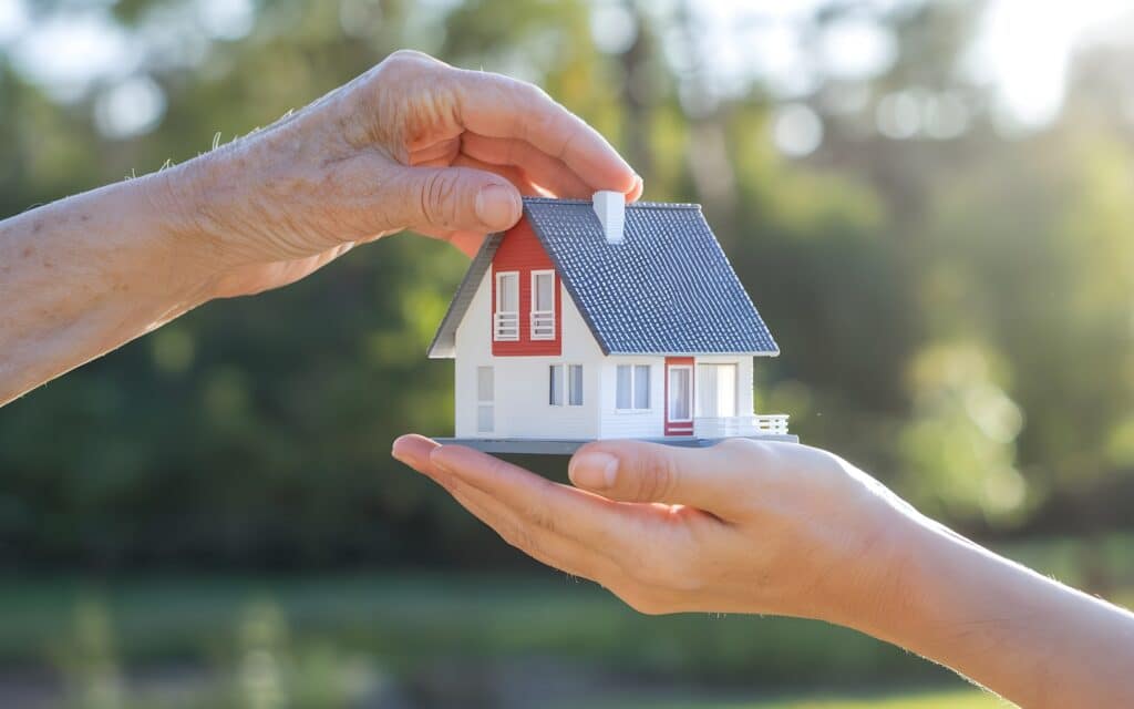 Two hands pass a miniature house between them outdoors, symbolizing a real estate handover or gift.