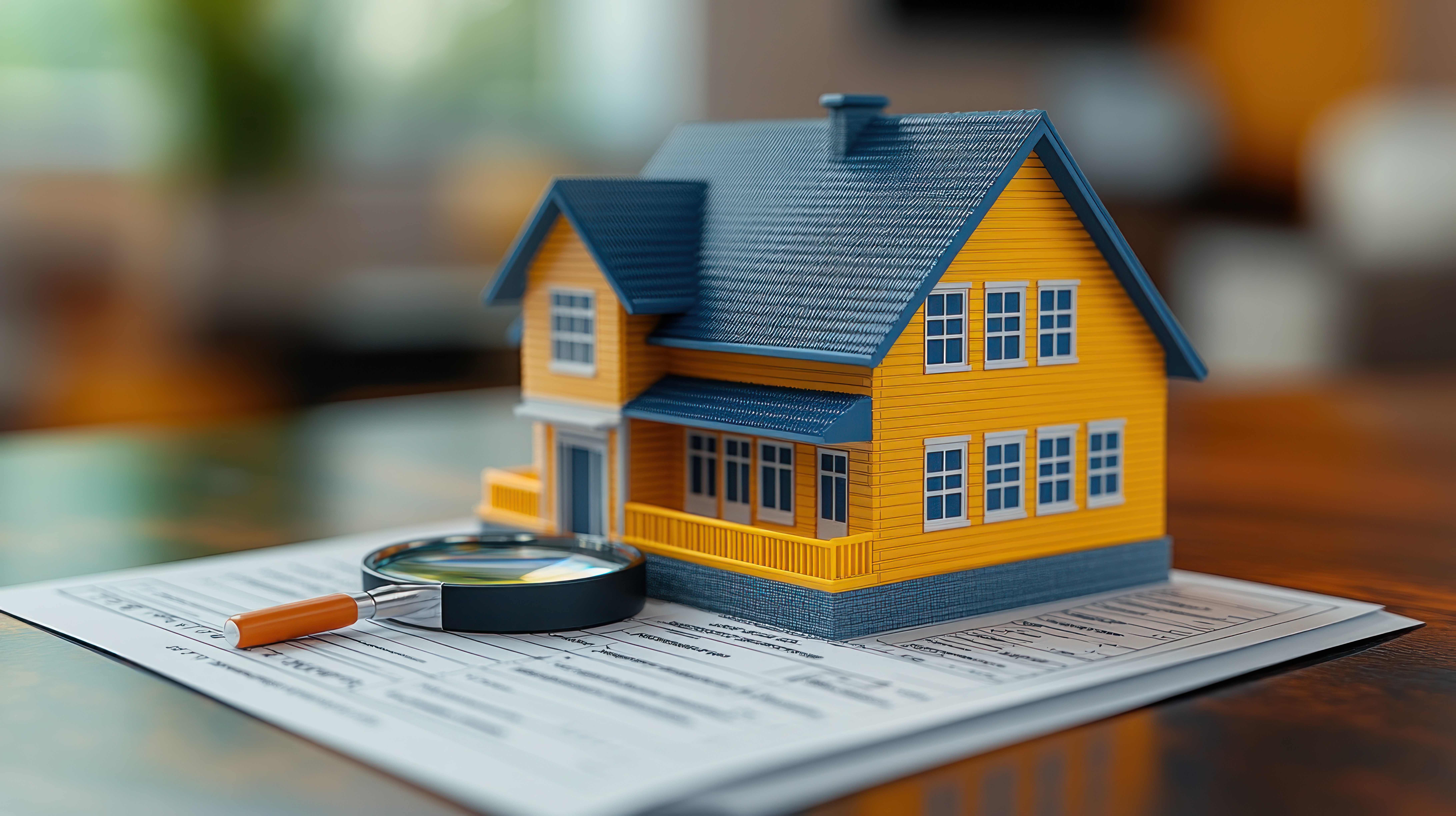 Miniature yellow house model placed on real estate documents, with a magnifying glass and orange pen nearby.